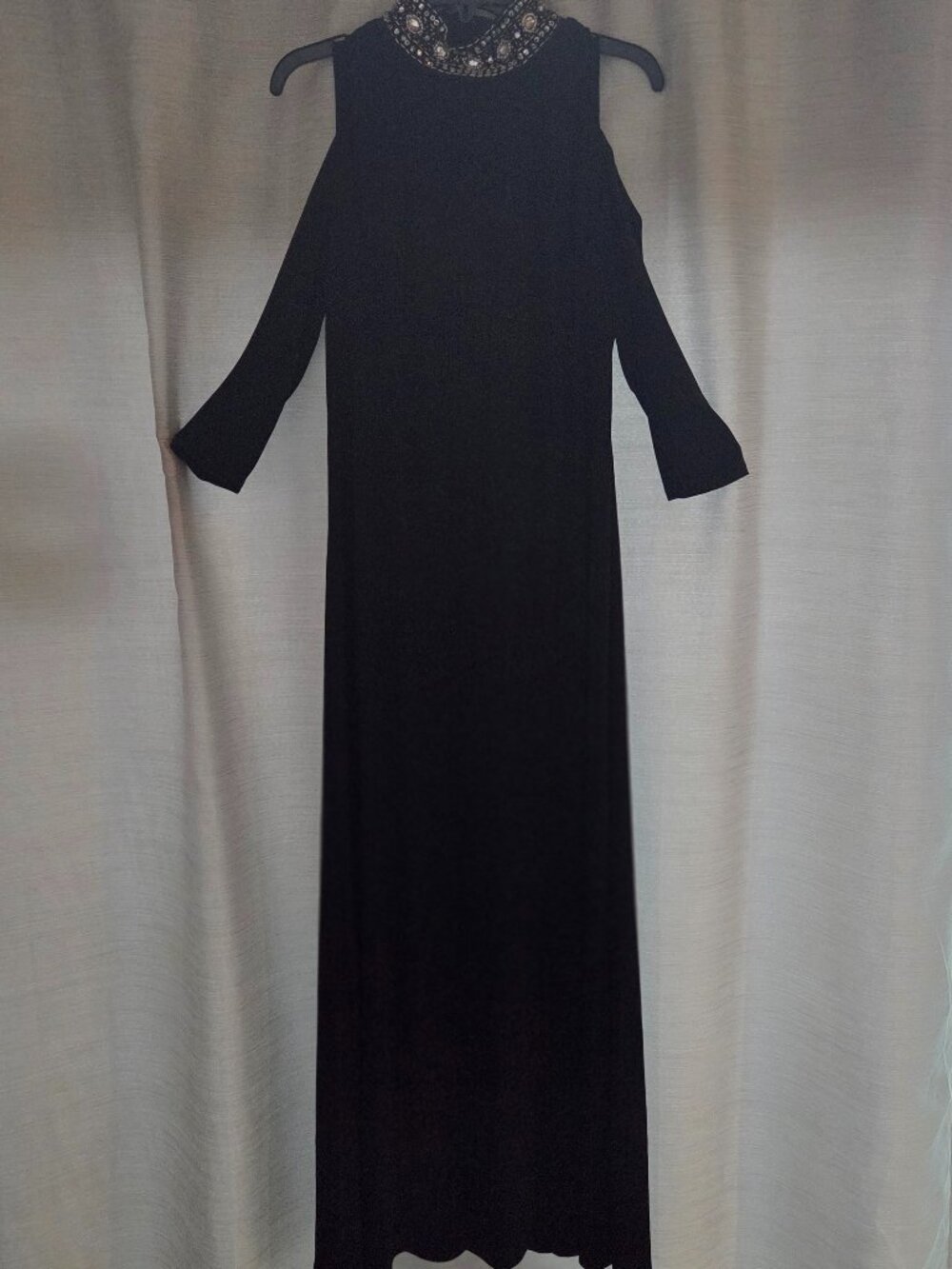 Black Cold-Shoulder Formal Gown with Jeweled Neckline
